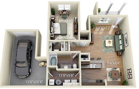 A 3D floor plan of a house with a car parked outside.