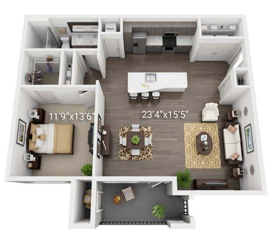 A top-down view of a living room, kitchen, and dining area in a house.