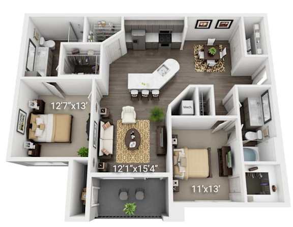 A 3D floor plan of a small apartment with a living room, kitchen, and two bedrooms.