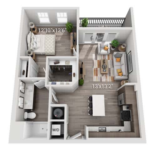 A 13x13 room with a balcony is shown in the image.