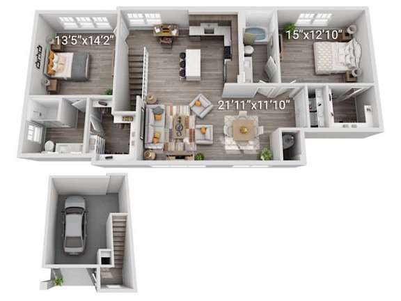 A floor plan of a house with three bedrooms, a living room, a kitchen, and a garage.