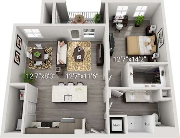 A 3D floor plan of a small apartment with a living room, kitchen, and bedroom.