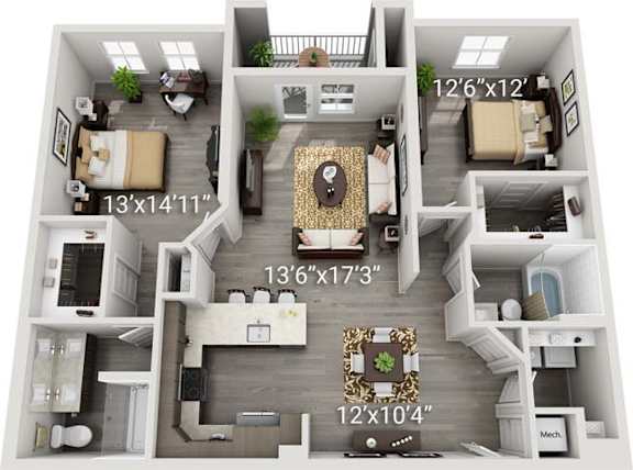 A 3D floor plan of a house with labeled dimensions.