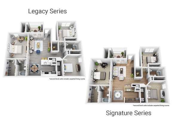 A diagram comparing two different apartment layouts, the Legacy and Signature series.