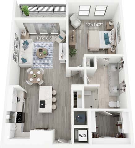 A floor plan of a small apartment with a kitchen, living room, and bedroom.