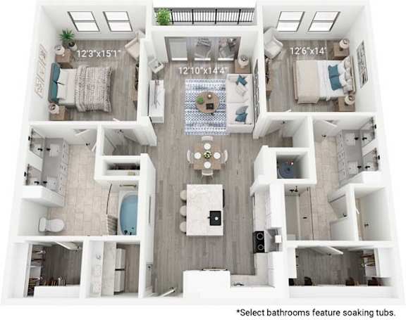 A floor plan of an apartment with dimensions and a note about bathrooms.