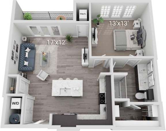 A 17x12 inch living room with a couch, chair, and television.