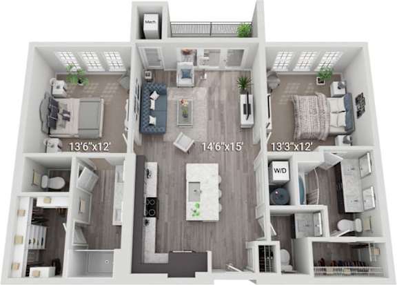 A floor plan of a small apartment with a kitchen, living room, and bedrooms.
