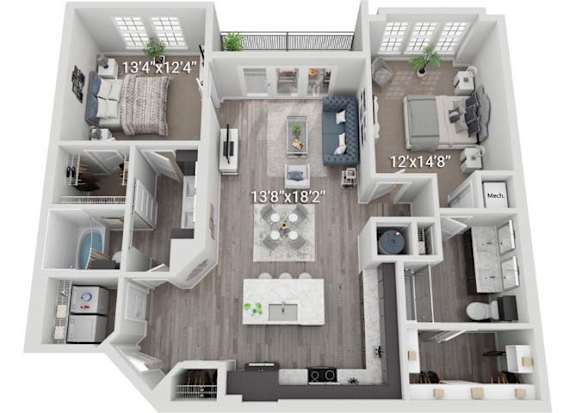 A 3D floor plan of a house with a living room, kitchen, and two bedrooms.