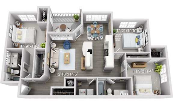 A 3D floor plan of a house with labeled dimensions.