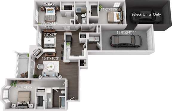 A floor plan of an apartment complex with dimensions and a "Select Units Only" sign.