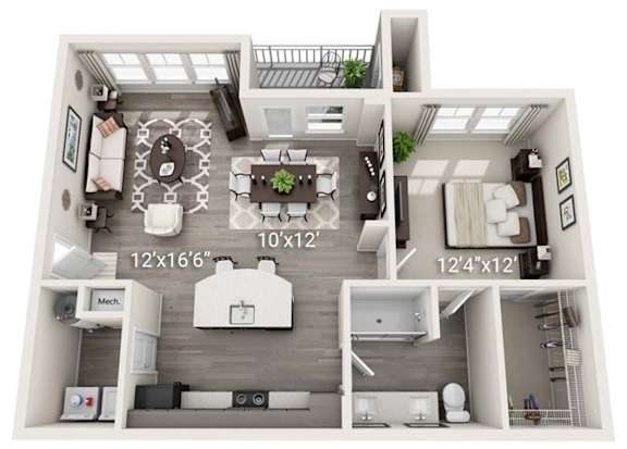 A 3D floor plan of a house with labeled dimensions.
