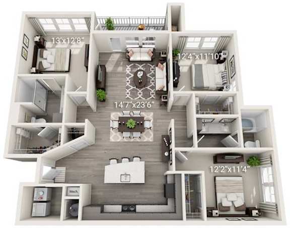 A 3D floor plan of a house with labeled dimensions.