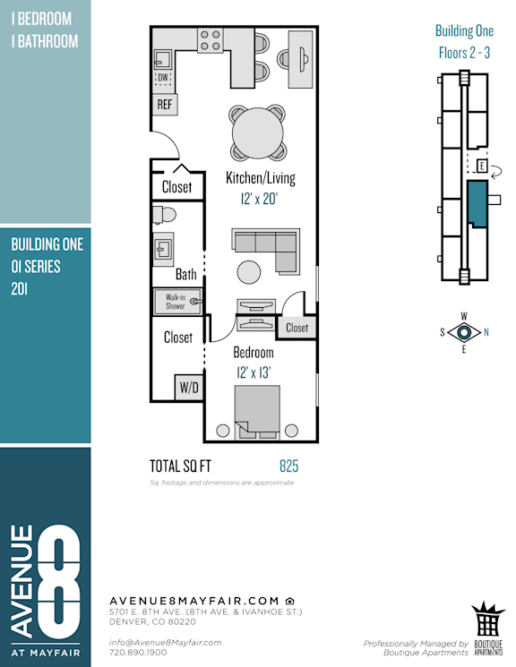 A floor plan for a 201 series building shows a kitchen, living room, and bathroom.
