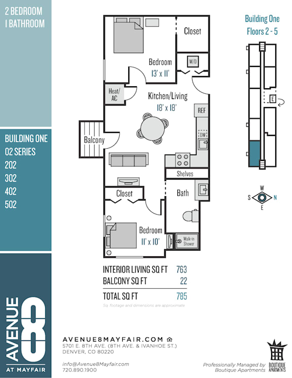 A floor plan for a 2 bedroom, 1 bathroom apartment from Building One, Floor 2-5.