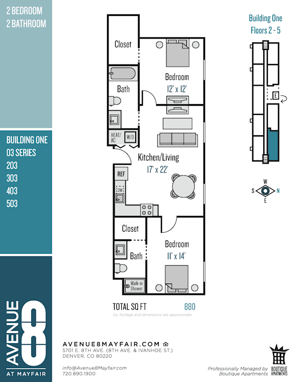 A floor plan for a building with two bedrooms and two bathrooms.