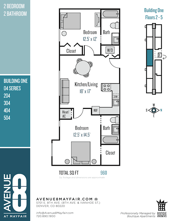 A floor plan for a 960 square foot apartment with two bedrooms and two bathrooms.