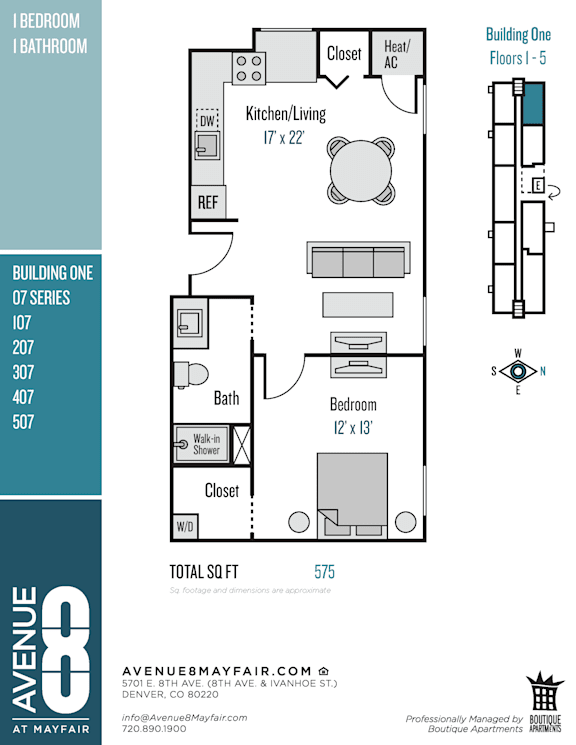 A floor plan for a building with a total square footage of 575.
