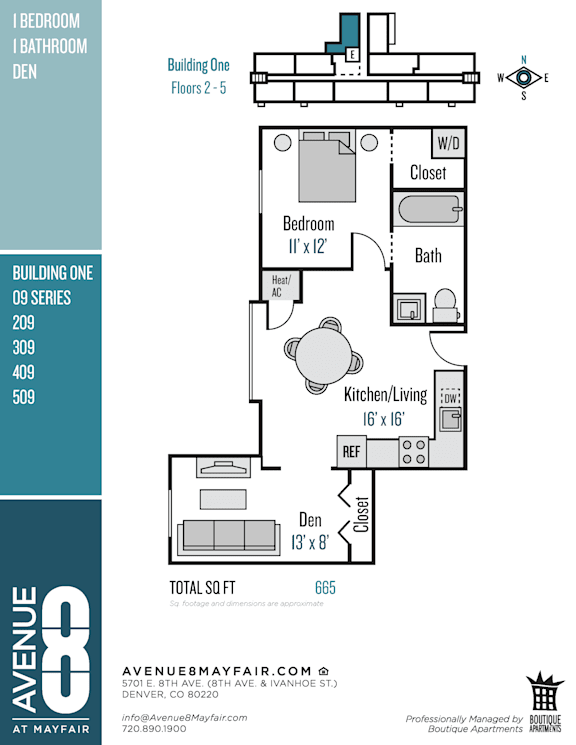 A floor plan for Building One, Den, showing a bedroom, bathroom, kitchen, and living room.