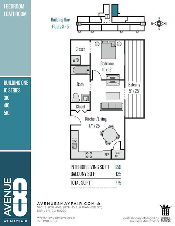A floor plan for Building One, a 301 square foot interior living space.