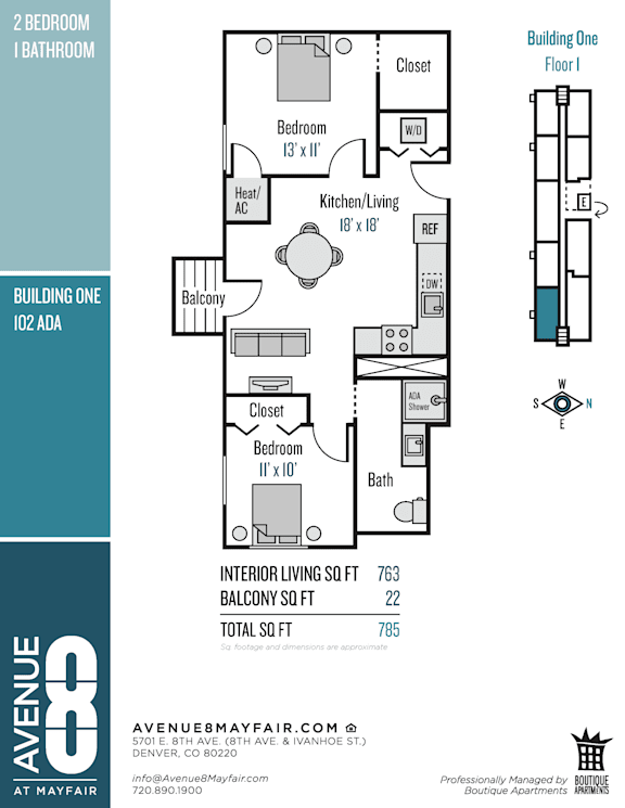 A floor plan for a 2 bedroom, 1 bathroom apartment.