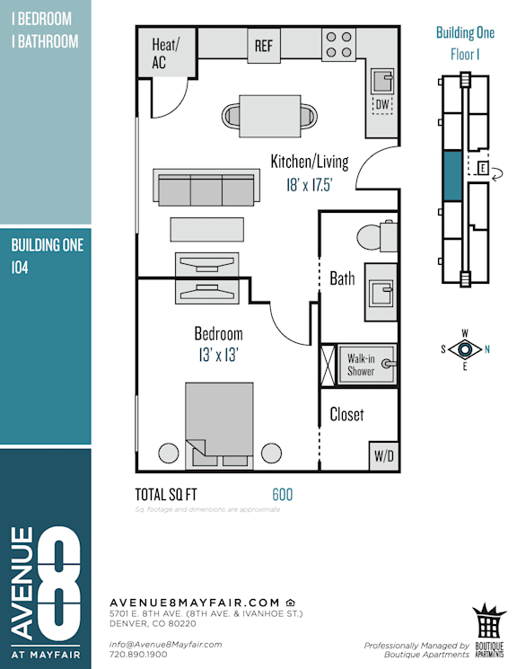 A floor plan for a 50 square foot apartment at Avenue 8 at Mayfair.