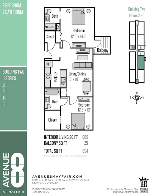 A floor plan for a building with two bedrooms and two bathrooms.