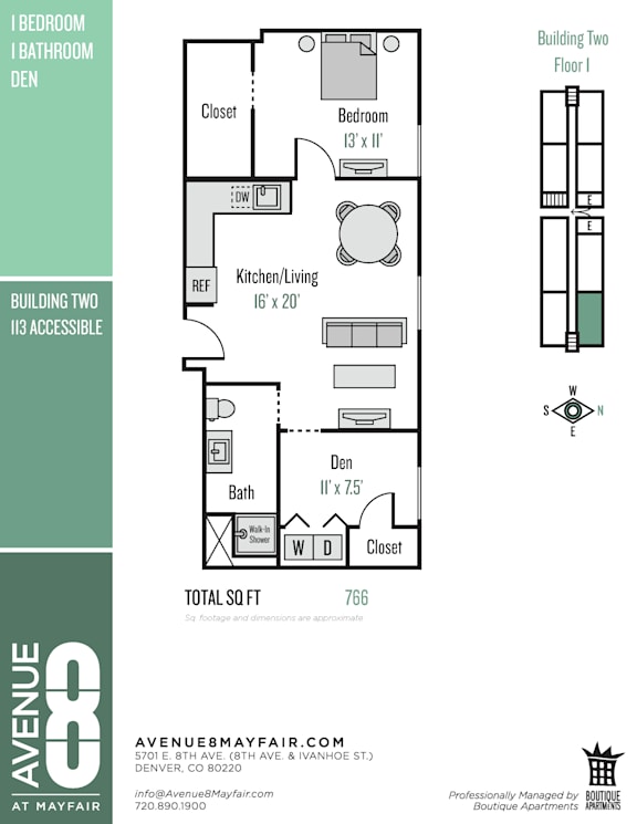 A floor plan for a building with a total square footage of 766.