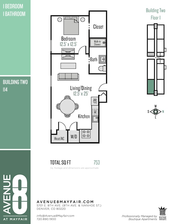 A floor plan for an apartment at Avenue M Fair shows a living room, dining room, kitchen, and bathroom.