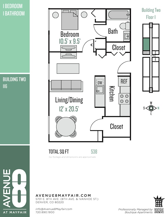 A floor plan for a 538 square foot apartment at Avenue 8 at Mayfair.