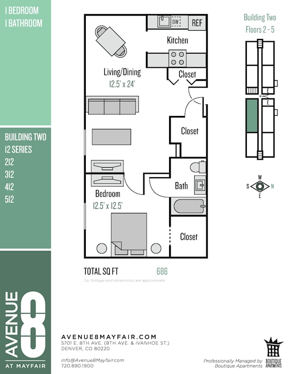 A floor plan for a 686 square foot apartment at Avenue 8 at Mayfair.