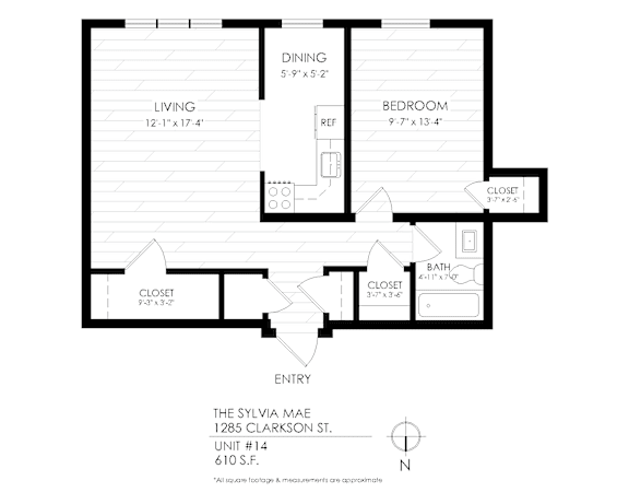 A black and white image of a floor plan for a home with a living room, dining room, bedroom, and bathroom.
