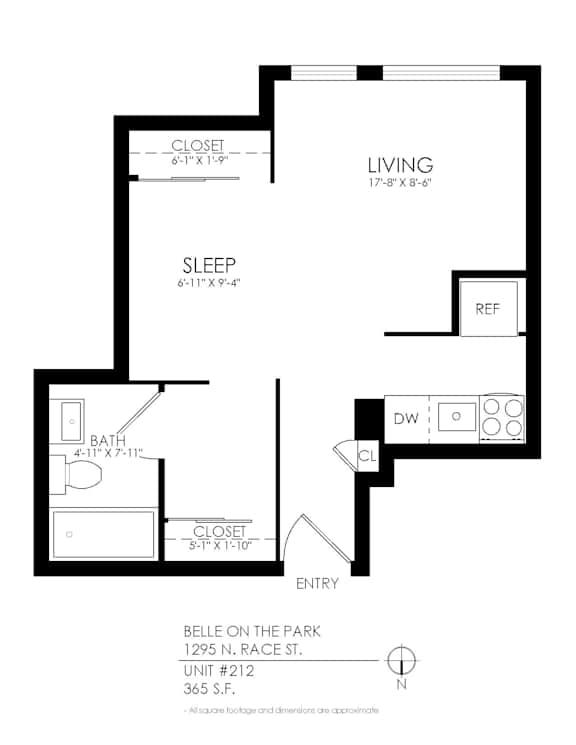 A black and white image of a floor plan for a one bedroom apartment.