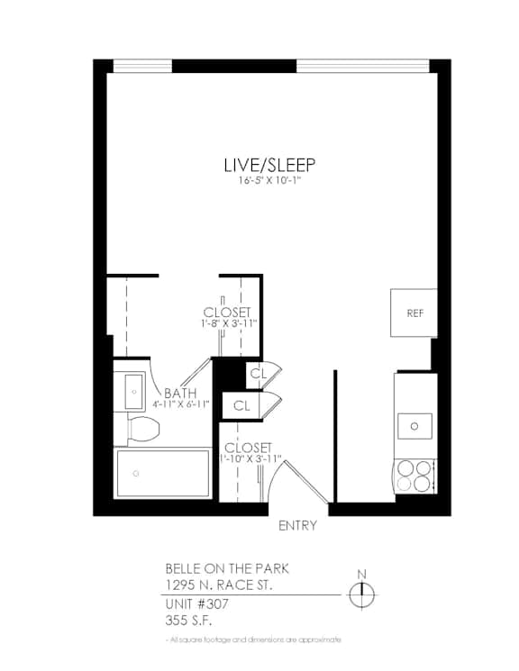 A black and white image of a floor plan for a live/sleep space.