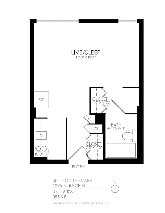 A black and white image of a floor plan for a live/sleep unit.