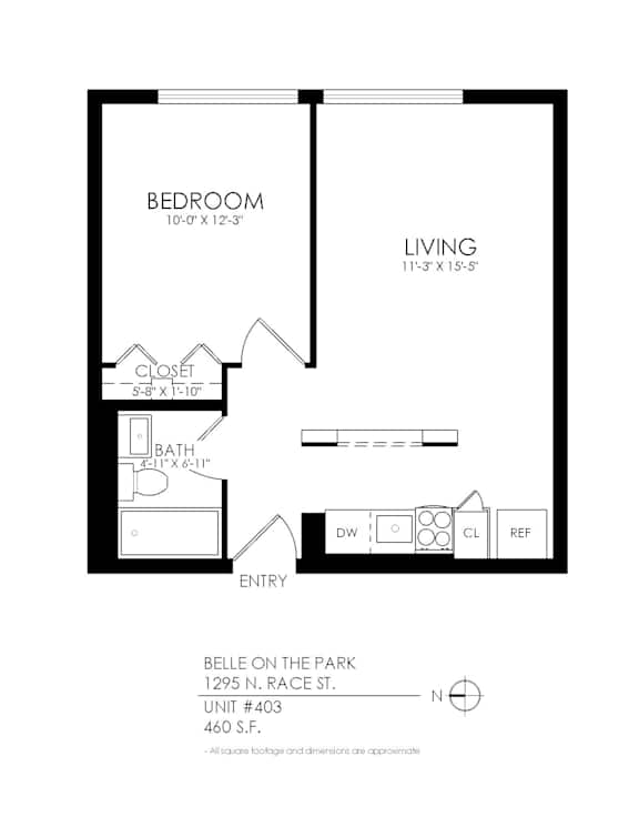 A black and white image of a floor plan for a bedroom, living room, and bathroom.