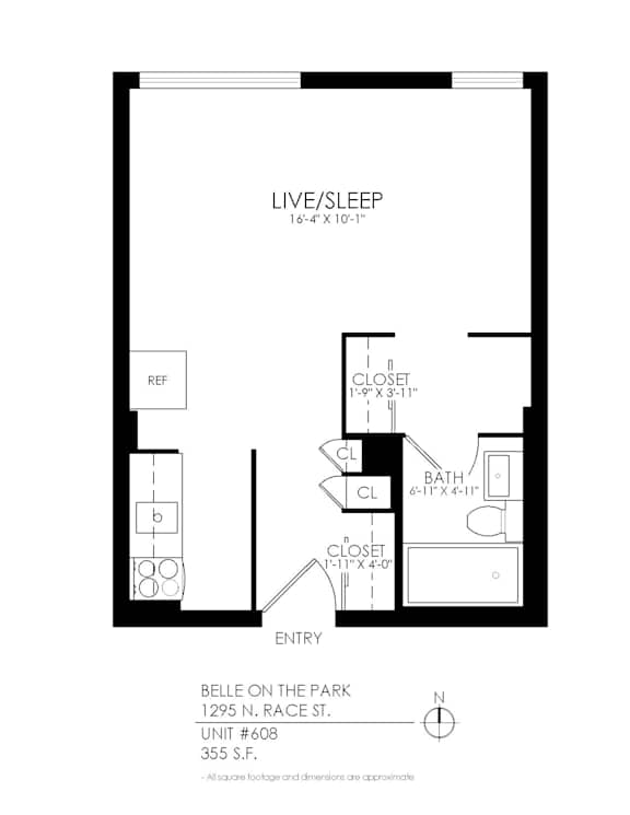A black and white image of a floor plan for a live/sleep unit.