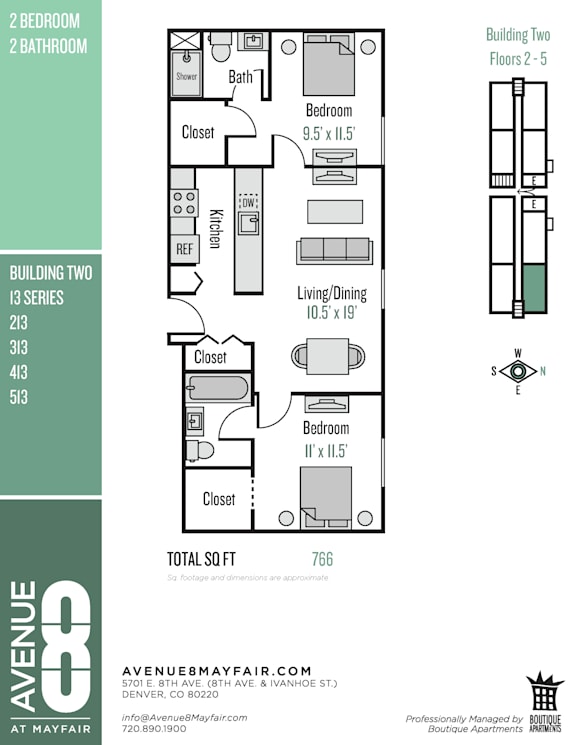 A floor plan for a 2 bedroom, 2 bathroom apartment with a total square footage of 766.