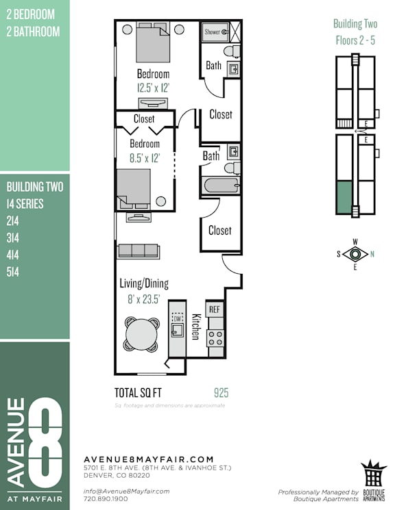 Floor plan for a 2 bedroom, 2 bathroom apartment.