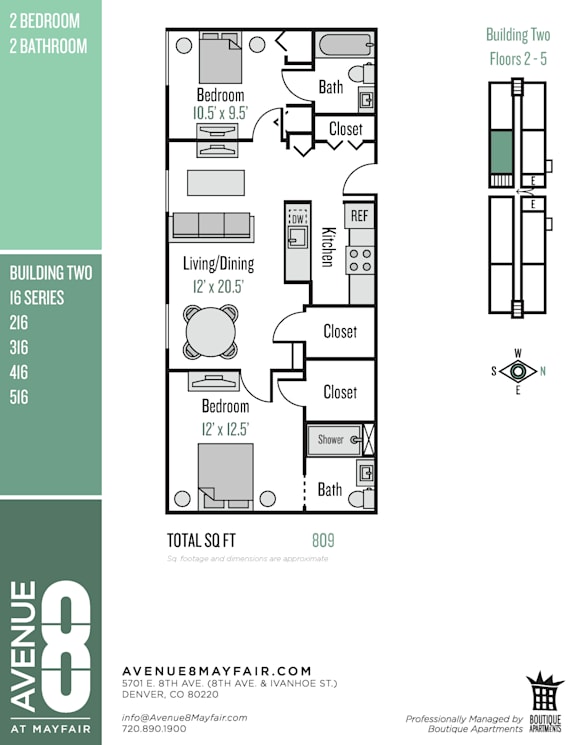 A floor plan for an apartment at Avenue M Fair, showing a living room, two bedrooms, a bathroom, and a kitchen.