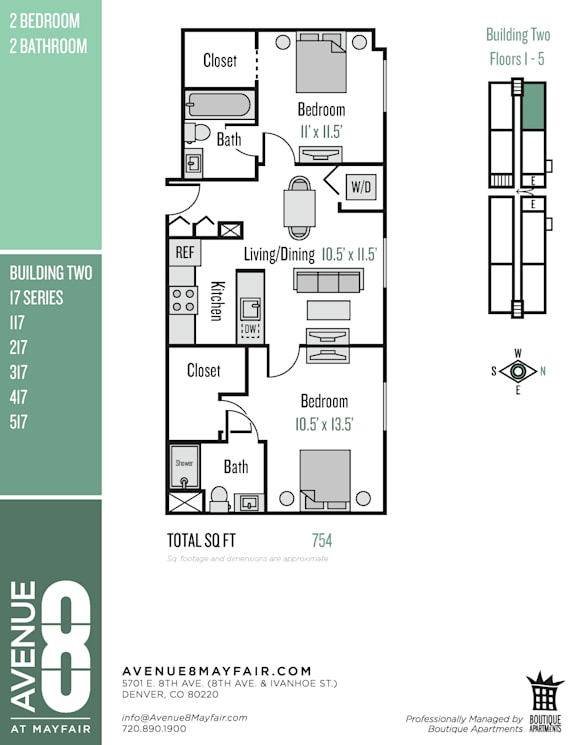 A floor plan for apartment number 217 in Building Two of the 17 series at Avenue M Apartments.