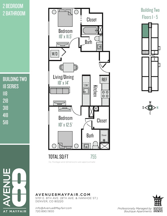 A floor plan for a 755 square foot apartment at Avenue M Fair.