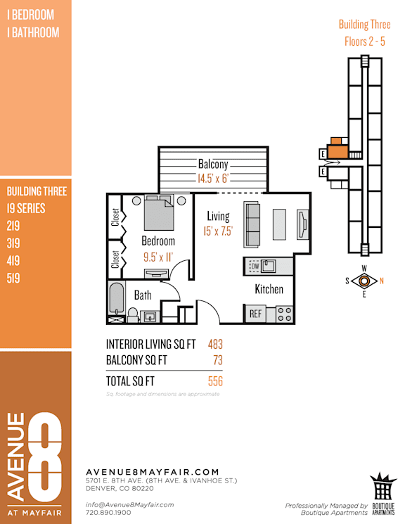 A floor plan for Building Three, a 5-floor apartment complex.