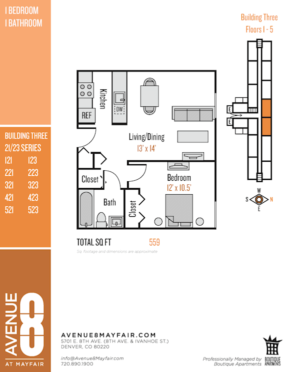 A floor plan for Building Three, a 559 square foot property at Avenue 8 Mayfair.