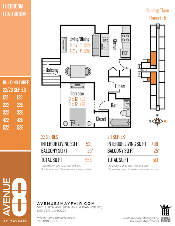 A floor plan for an apartment complex with three bedrooms and two bathrooms.