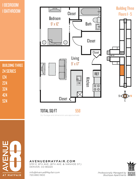 A floor plan for Building Three, a 24-story apartment complex, is shown along with the apartment's address and contact information.