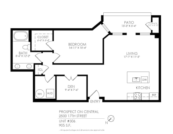A black and white image of a floor plan for a home with a living room, kitchen, bedroom, bathroom, and closet.