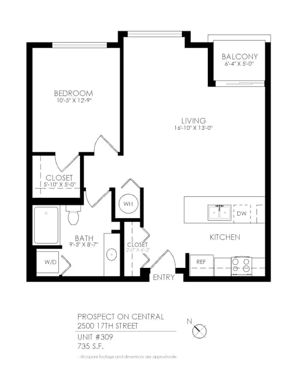 A black and white image of a floor plan for a home with a bedroom, living room, closet, bathroom, and kitchen.