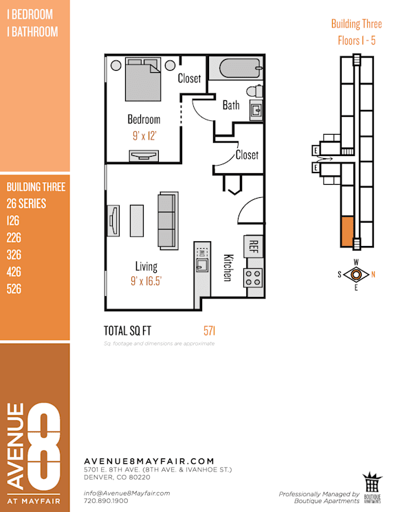 A floor plan for an apartment building with three bedrooms and a total of 571 square feet.