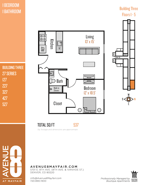 A floor plan for an apartment at Avenue Mayfair shows a living room, kitchen, and bathroom.